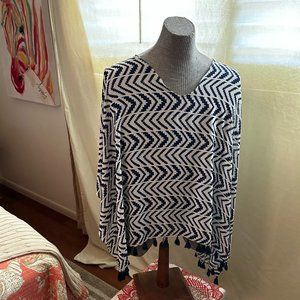 Nylon Poncho, Navy & White w/ Navy tassels